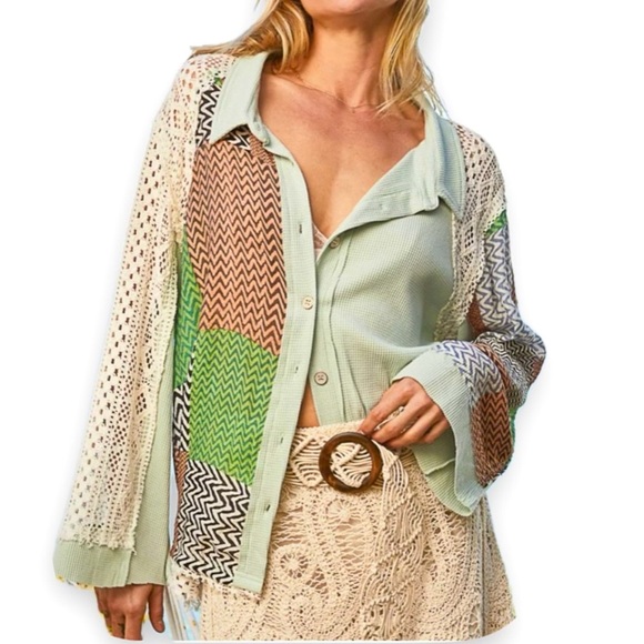 POL Color Block Crochet Long sleeve button down shirt  Oversized Large - Picture 8 of 11